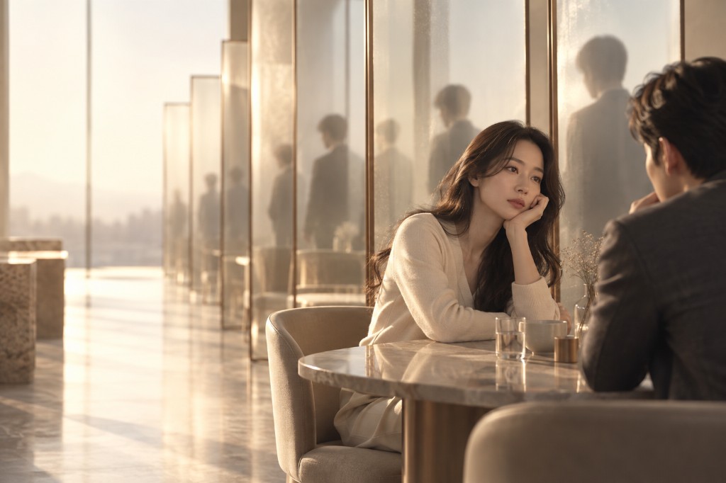 마주 앉은 두 사람과, 유리 너머로 이어진 다른 사람들