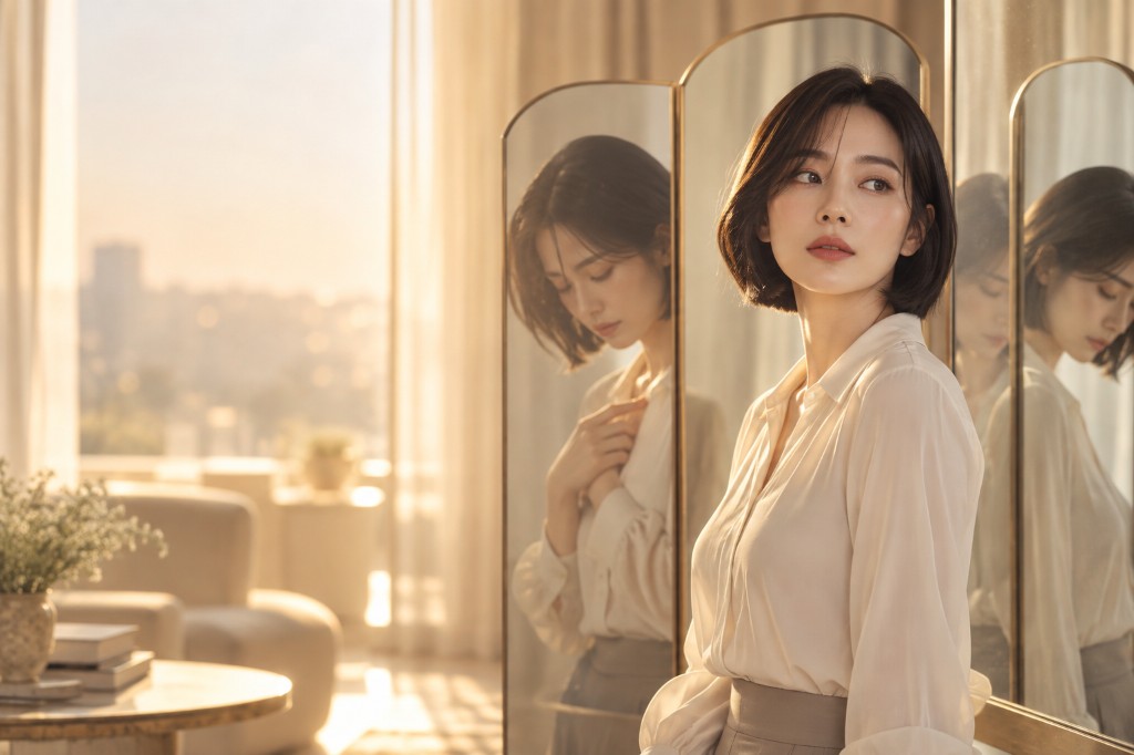 거울에 비친 여러 모습 앞에 서 있는 사람